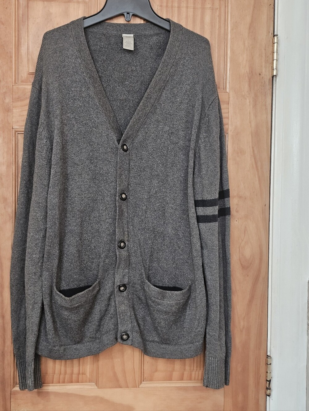 Gap Men’s Heather Gray Button Front Cardigan Sweater Striped Sleeve, Size L